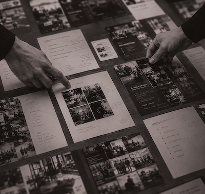 black and white image of people pointing at pieces of paper