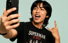 a man taking a selfie wearing a cool tshirt saying superman is dead and making a rock on hand gesture